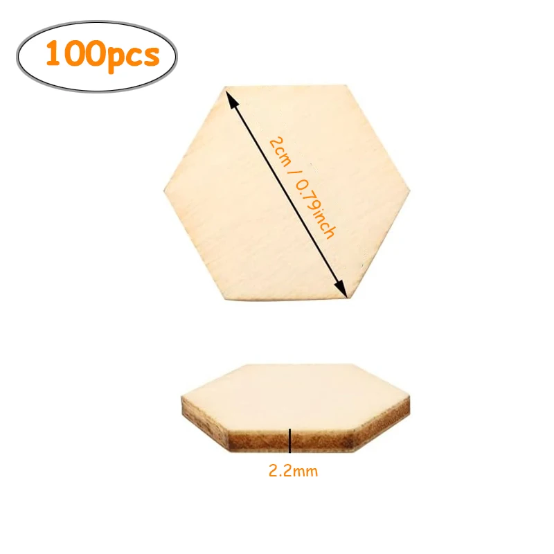 100pcs 2cm Hexagon Unfinished Blank Wood Pieces, Natural Wooden Slice Cutouts for DIY Crafts, Home Decoration, Board Games