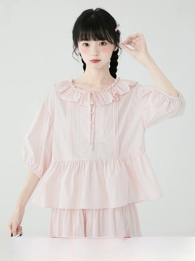 

Розовый воротник с рюшами, свободный крой из смеси хлопка, женский летний топ Five Quarter Sve с галстуком-бабочкой, оригинальный дизайн, дышащий