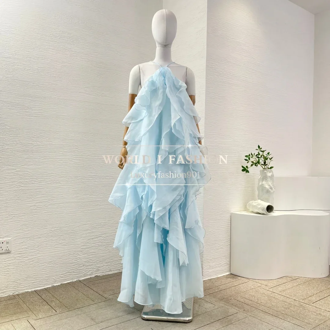

Blue Spring Summer Collection 2025 Latest New Ruffles Irregular Hem Halter Women Elegant Maxi Dress