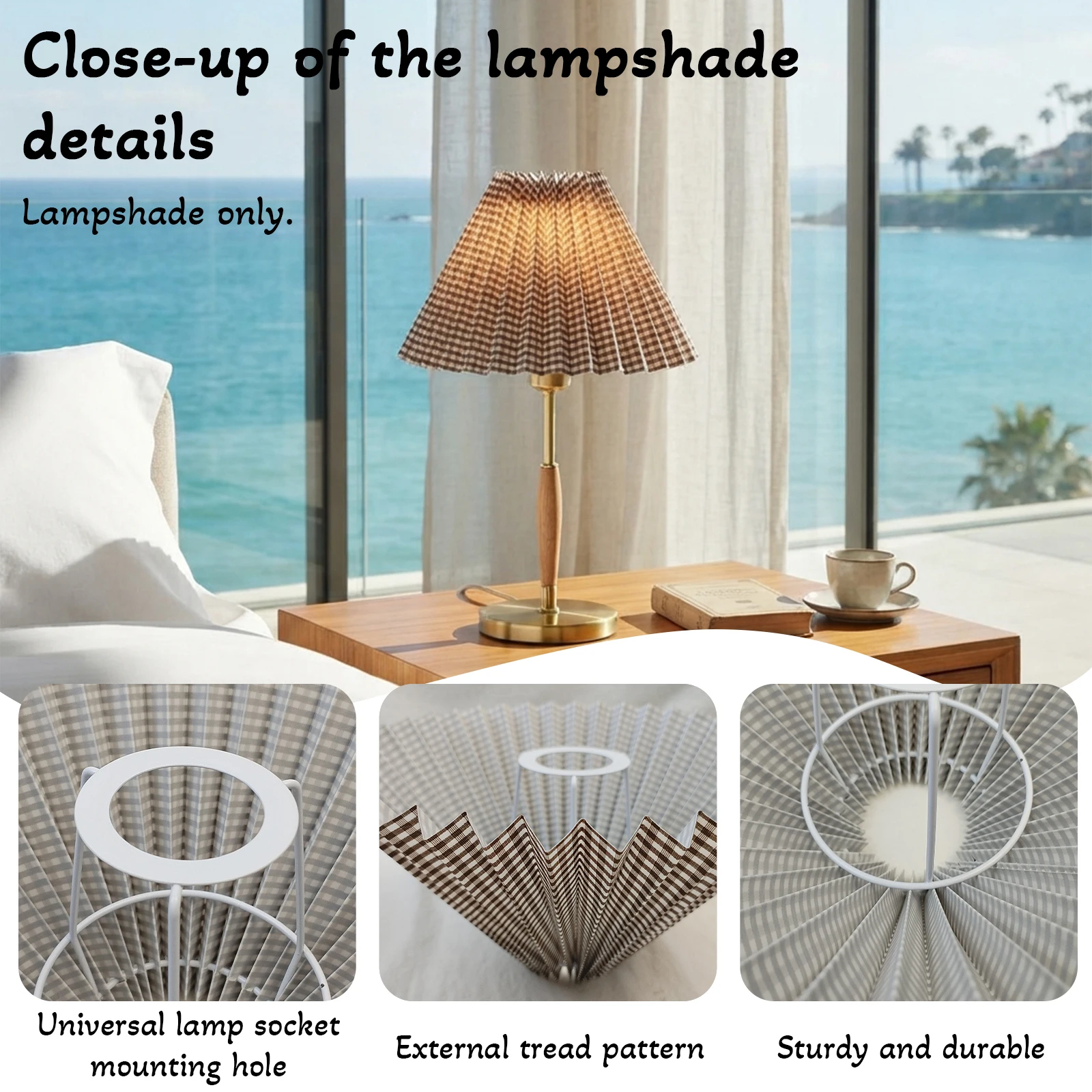 Pleated Lamp Shade, Brown Plaid Fabric Empire, Vintage Cover for Bedside Study Sconce