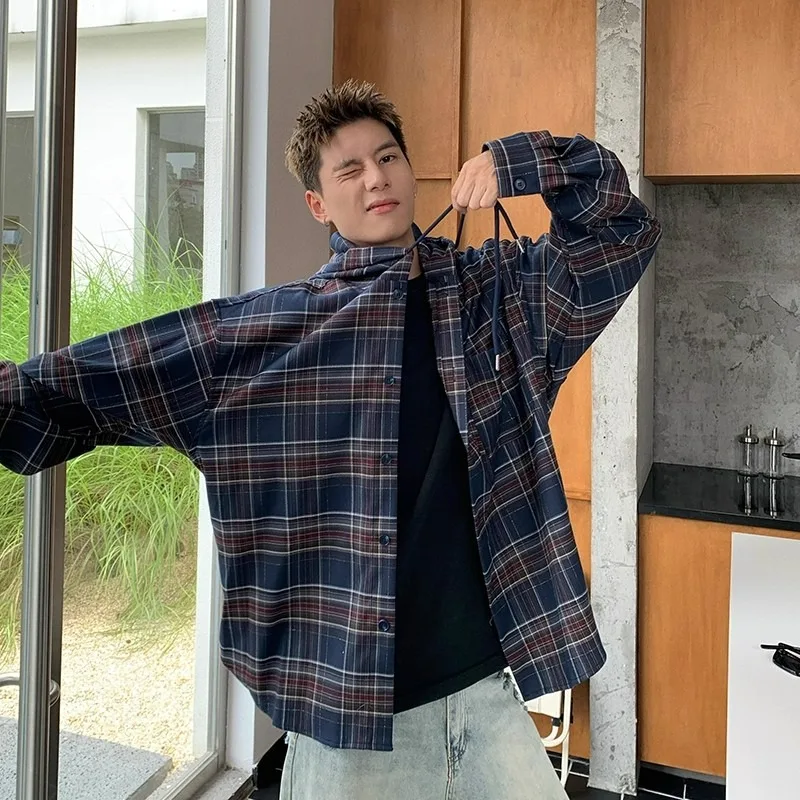 

Autumn Winter Large Size Plaid Hooded Shirt Men's Long Sleeve Casual Outerwear Loose Fit American Style Polyester Fiber