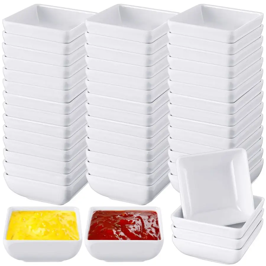 50 Piezas de Platos para Salsa de Soya, Tazones para Salsas de Melamina, 3 oz, Platos Blancos para Servir, Tazas para Condimentos, Ramequines para Cocina