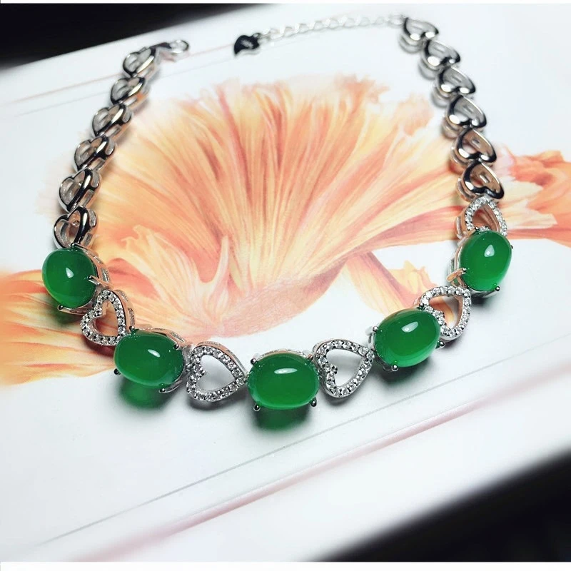 

Brazilian Green Chalcedony 925 Silver Inlaid Gemstone Men and Women, Agate Bracelet