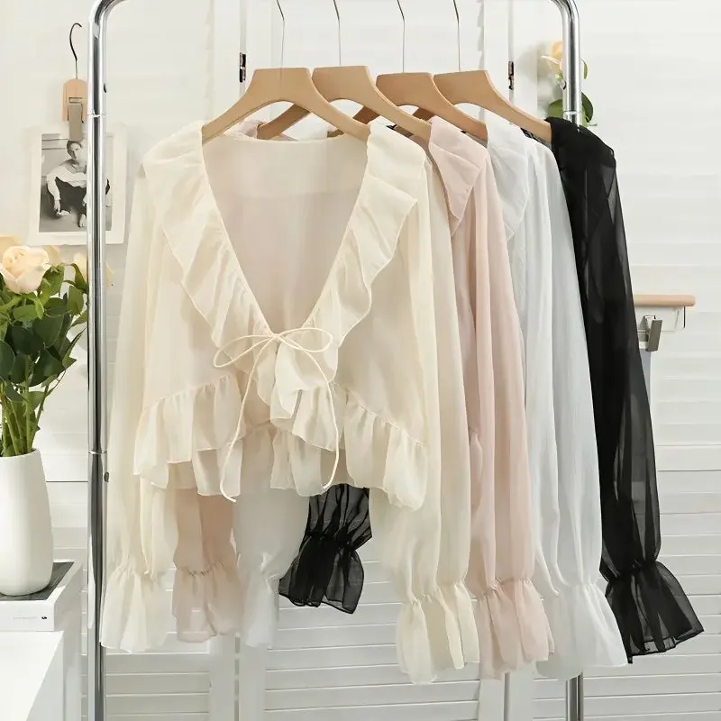 Women Sweet Solid Flare Sleeves Chiffon Sunscreen Shirt Summer Ruffle Edge Lace up Cardigan Beach Loose Casual Thin Shawl Coat