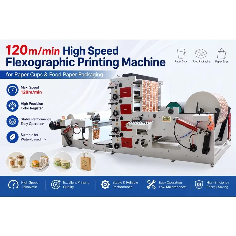 3-Color Semi-Automatic Stack Type Flexographic Printing Machine for Paper Cup & Bag Packaging Label Printer 120m/min