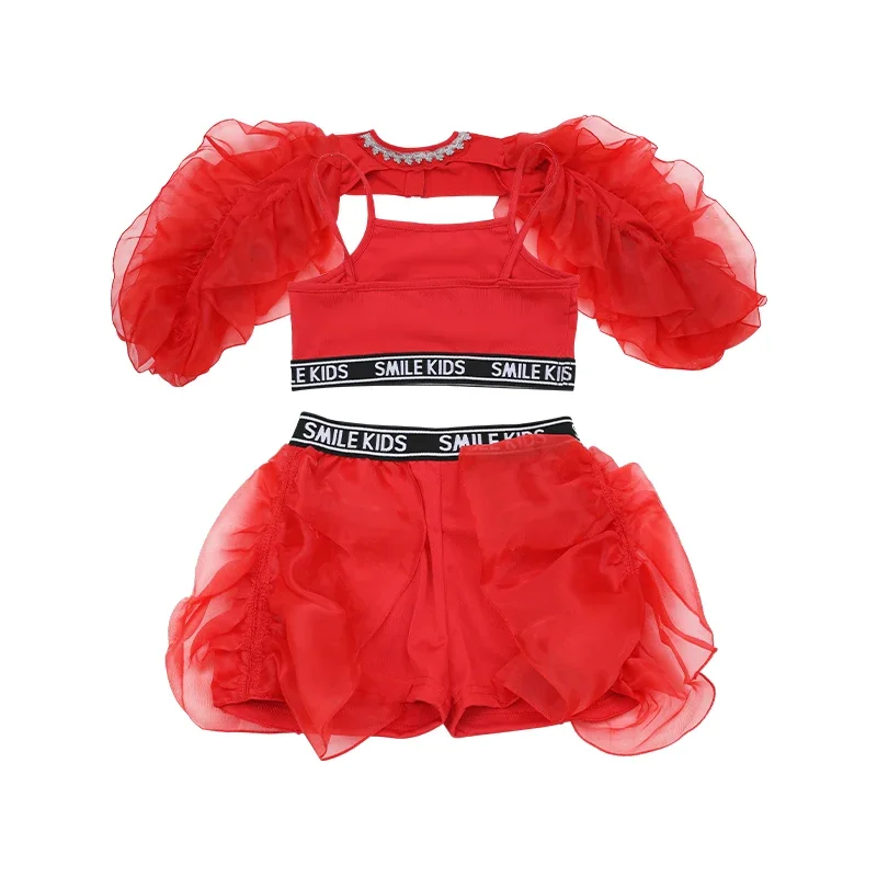 Disfraz de baile de Jazz para niña, traje de Kpop para adolescentes, ropa de escenario de actuación de Hip Hop, Tops de manga esponjosa roja,