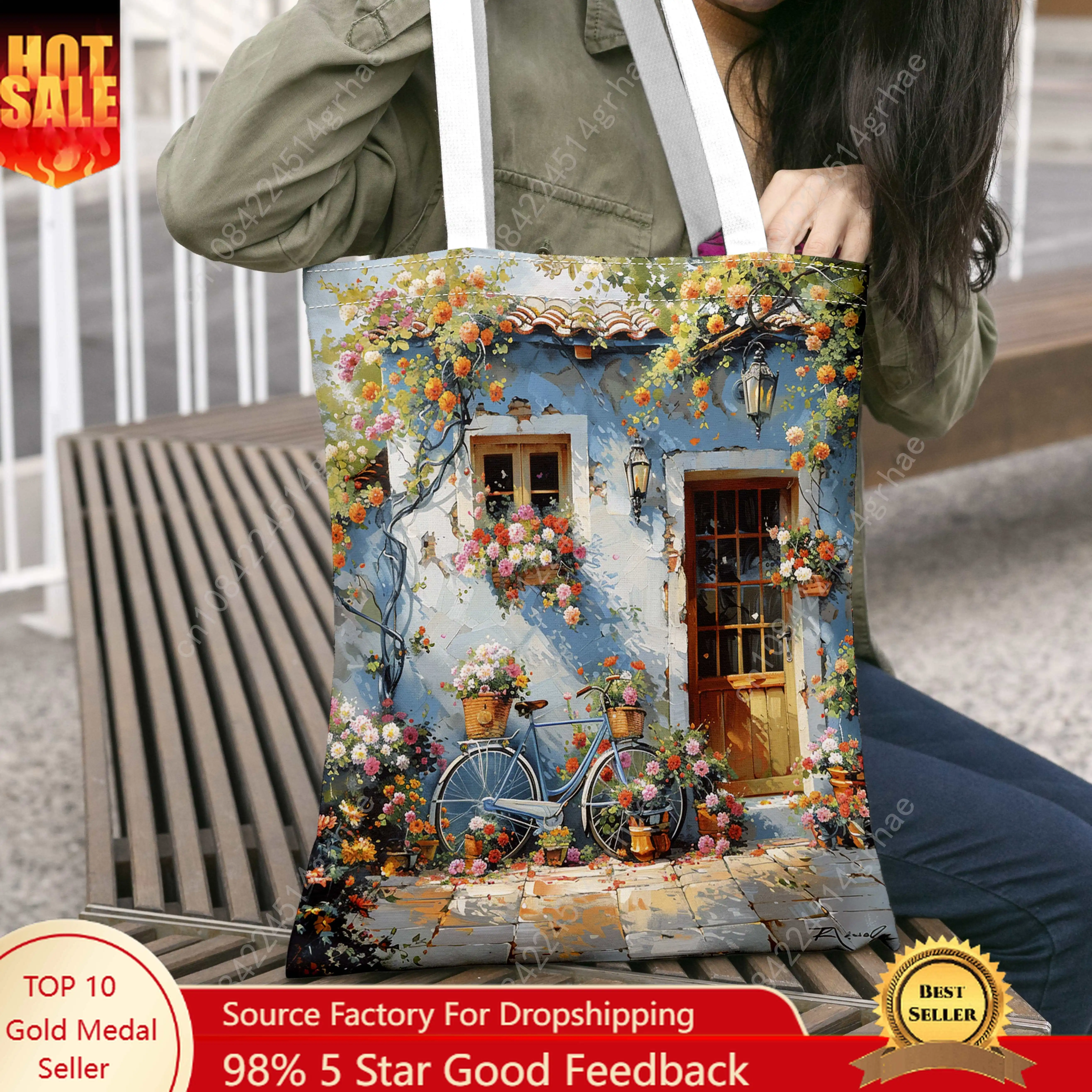 Charming Countryside Bicycle Print Handbag Spacious and Stylish with Rustic Village Scenes, Perfect for Shopping or Everyday Use