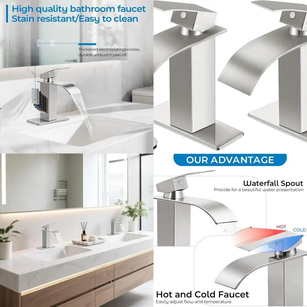 صنابير نيكل مصقولة مزدوجة، خلاط حوض شلال حديث بمقبض واحد، صنبور فانيتي RV مع استنزاف منبثق #1