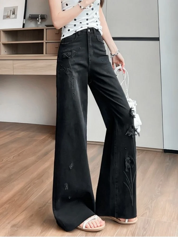 

High-End 3D Flower Embroidery Bead Jeans For Women New Spring Summer Loose Slim Beautiful Straight Leg Pants
