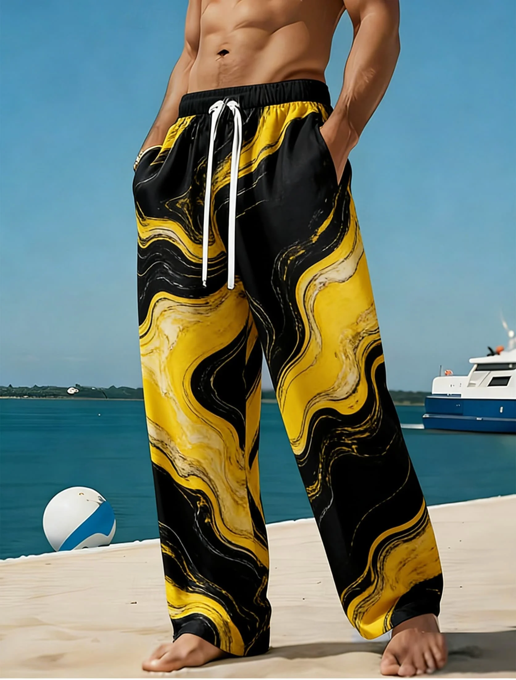 Herrenhose mit Fluid-Textur-Print, Lässige Frühling-Sommer Strand-Urlaubshose, Gerade Geschnittene Hose mit Kordelzug, Bequeme Loungewear – Detail 2