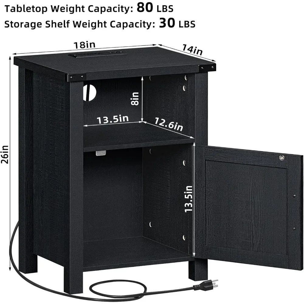 Night Stand, 18 Inch Farmhouse Nightstand with with Charging Station and USB Port, Rustic Couch End Table with Magnetic Door