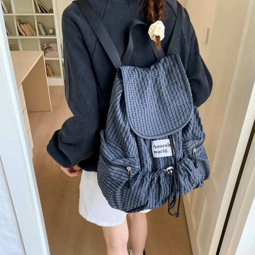 

Fashion Solid Color Drawsting Backpacks Plaid Korean Ruched Shoulder Bags Casual Large Capacity Student Schoolbag Travel