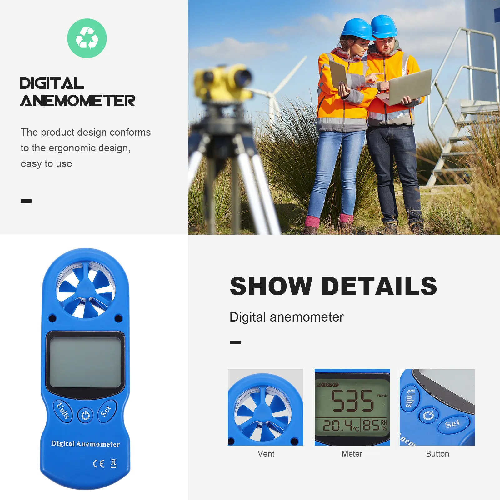 1Pcs Screen Display Anemometer Digital Hygrothermograph Measures Wind Temperature Simultaneously Portable Air Flow Gauge for Fan