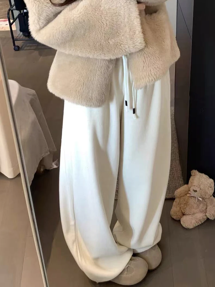 Winter Fleece Wijde Pijpen Broek Vrouwen Y2K Hoge Taille Trekkoord Alle Match Joggingbroek Vrouwelijke Losse Streetwear Rechte Broek