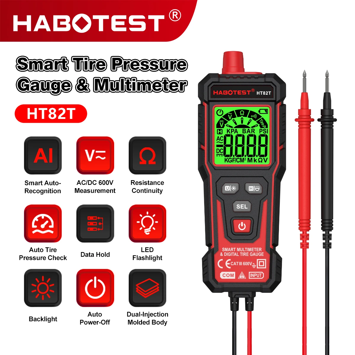 HABOTEST HT82T Mini Smart Digital Multimeter & Digital Tire Gauge 2-in-1 AC/DC 600V Voltage Measurement