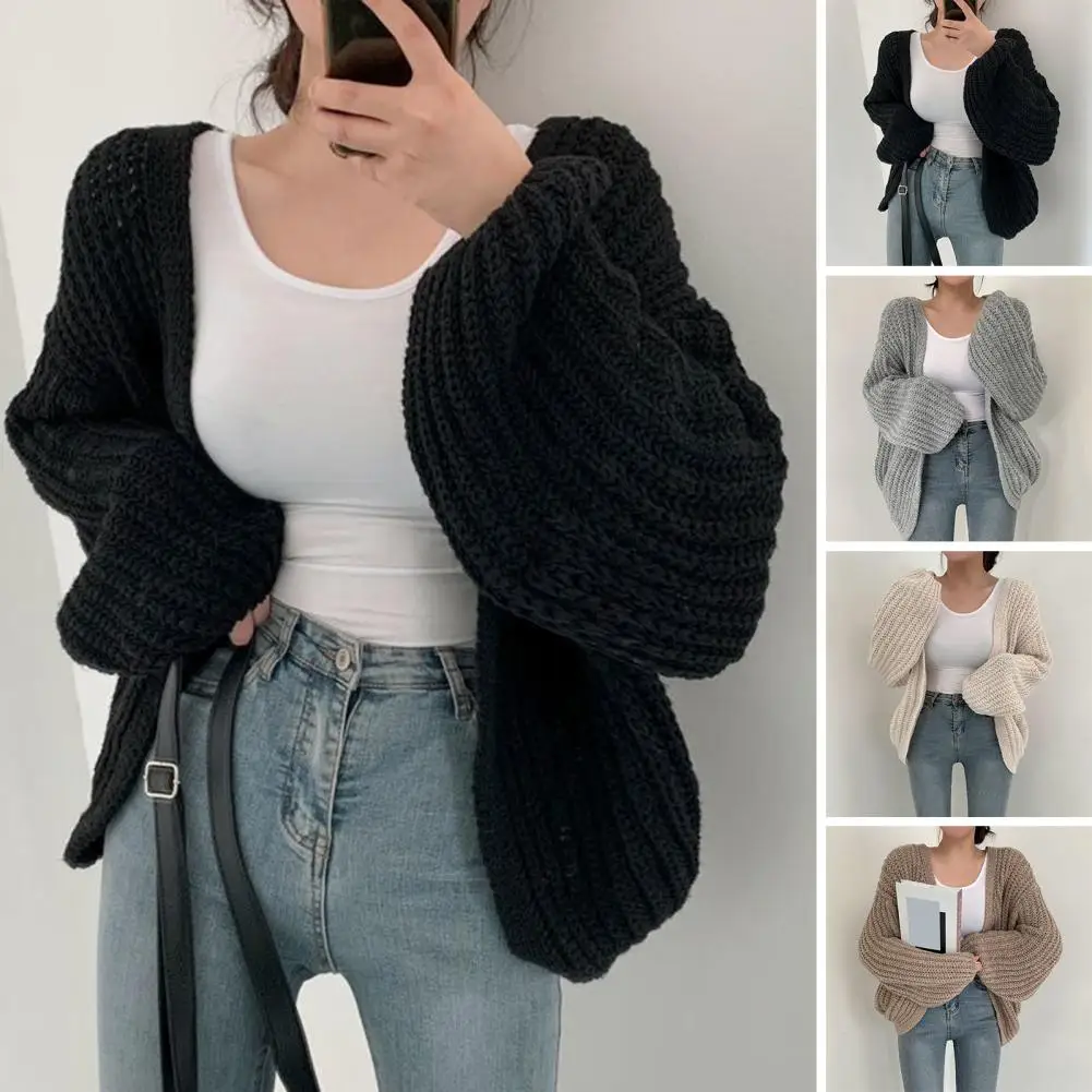 Lazy Style Sweater Jacket Stylish Women's V-neck Sweater Coat with Lantern Sleeves Casual Knitwear for Daily Wear Open Stitch