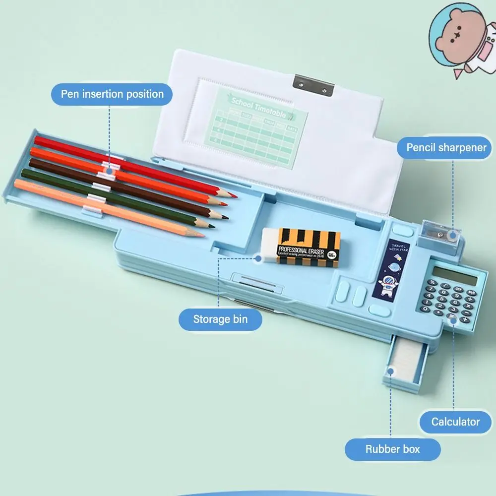 Imagem -03 - Estojo de Lápis de Camada Dupla com Calculadora Plástica Caixa de Armazenamento de Papelaria Apontador de Lápis Astronauta Animal Design