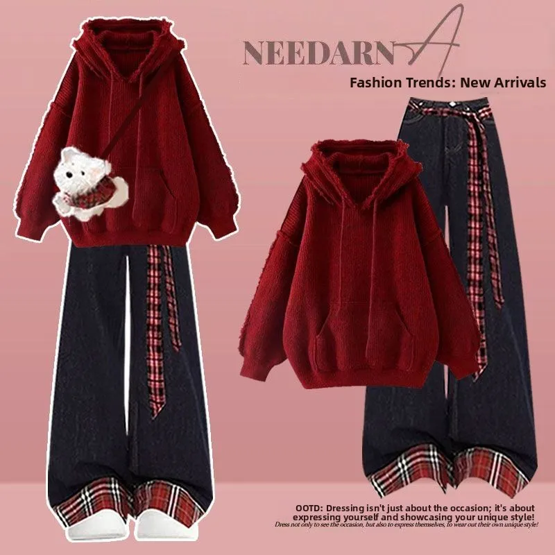 

Корейская красная толстовка с капюшоном на Хэллоуин, женские зимние новые джинсы небольшого размера, комплект из двух предметов, повседневный свободный крой, длинная молния све