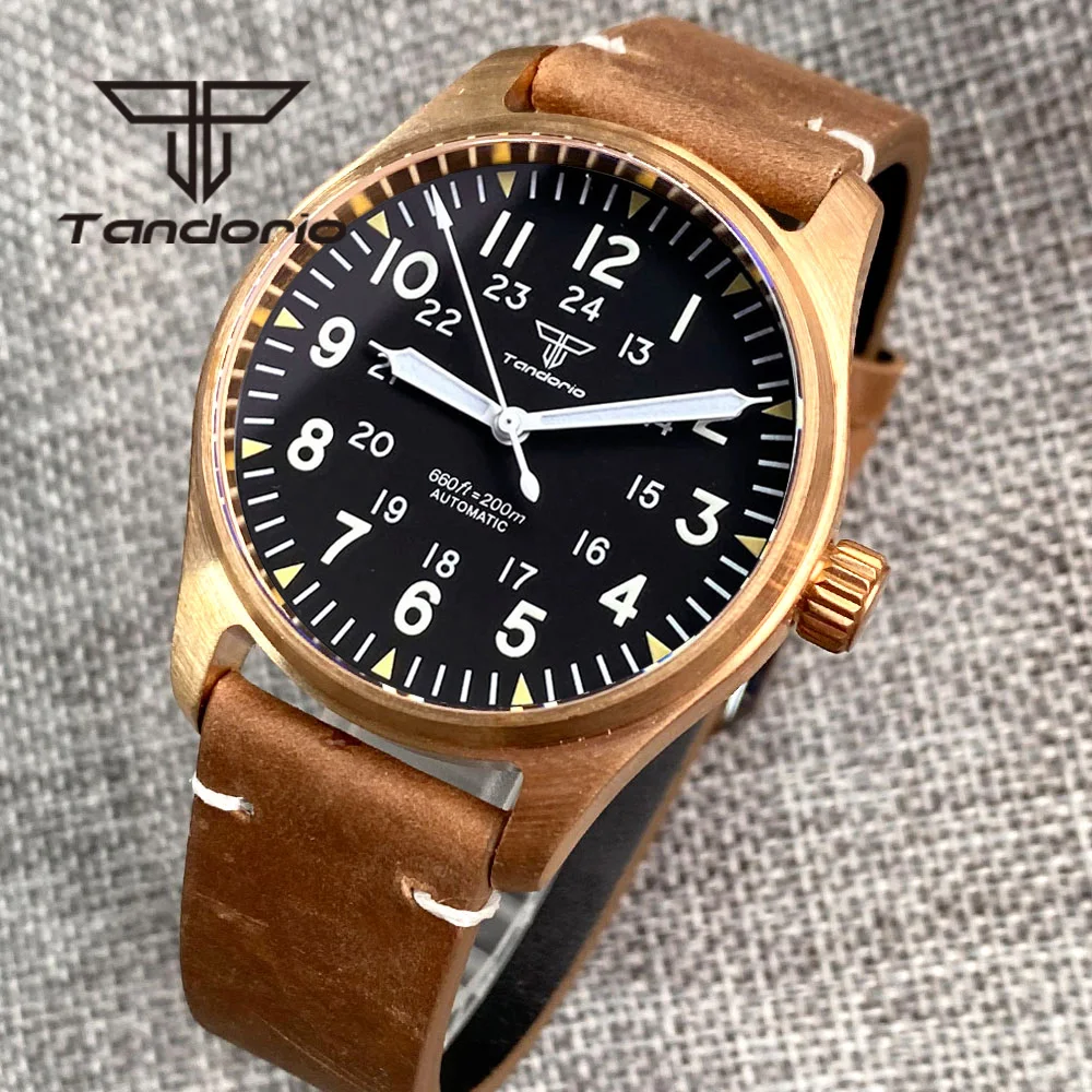 Tandorio Real Cusn8 Bronze Luxus 200M Diver Automatik Herrenuhr NH35 PT5000 Saphirglas Leder Schraubkrone Grün leuchtend