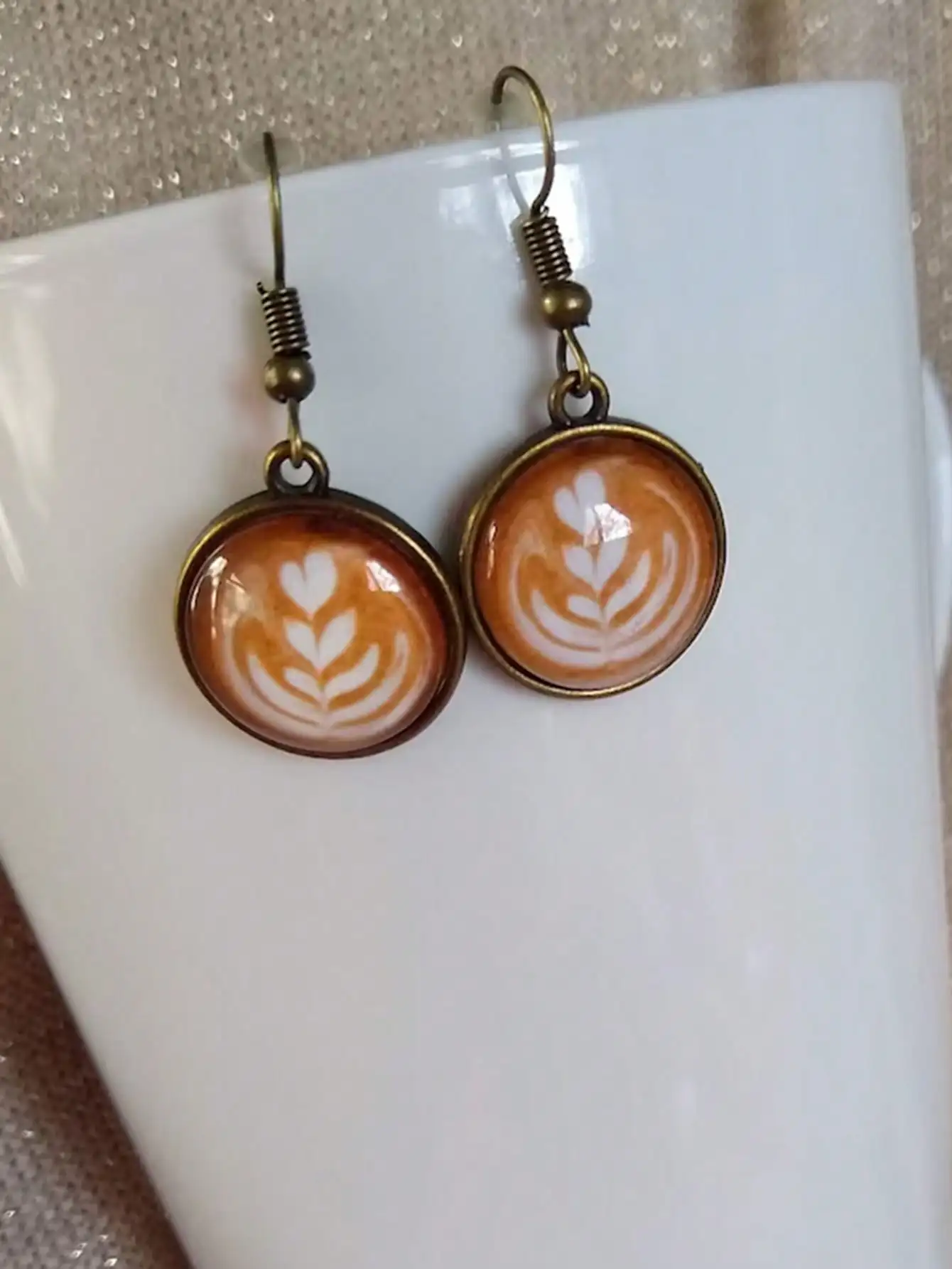 

Coffee Latte Art Inspired Dangle Earrings with Glass Cabochon and Antique Brass Frame