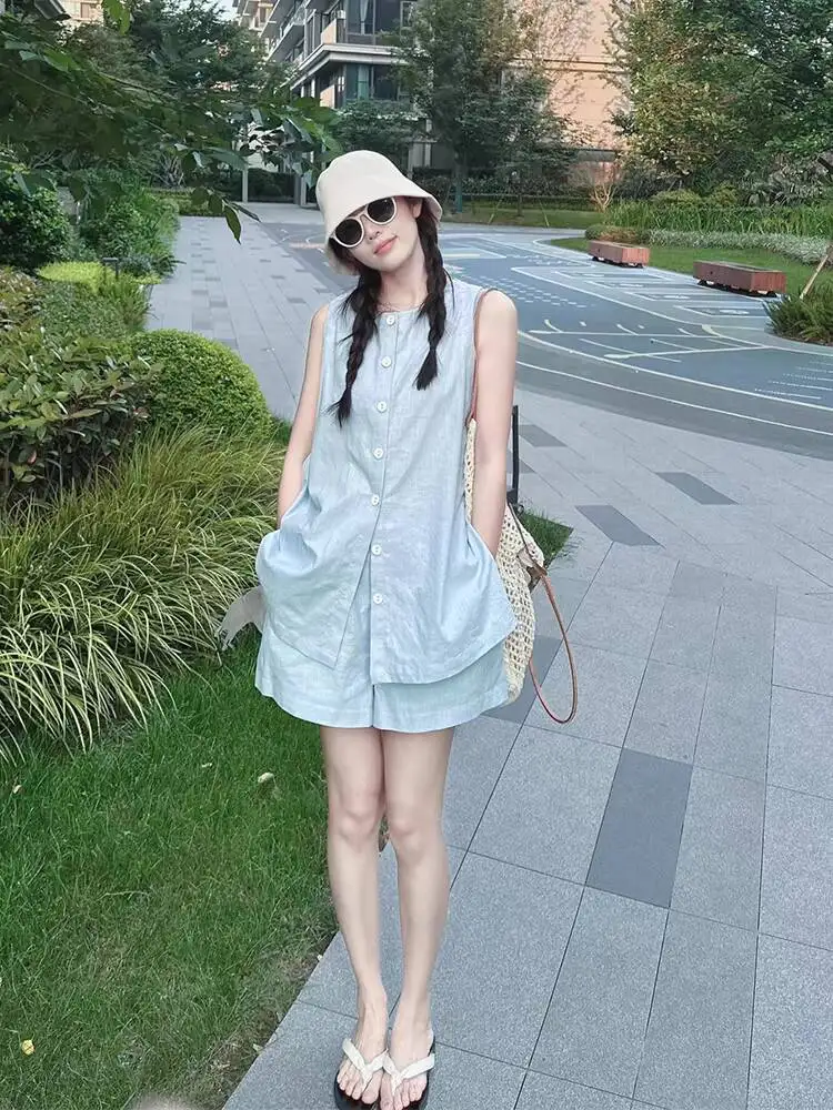 

Высококачественный женский льняной комплект Svel irt, летний корейский комплект с эластичной резинкой на талии, комплект из двух предметов, моющийся ансамбль