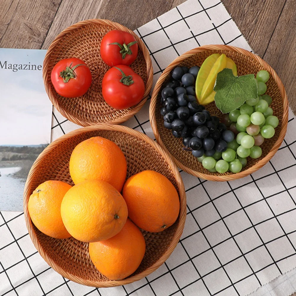 Natural Color Rattan Handwoven Storage Baskets For Home Living Room Dinner Table Snack Fruit Vegetable Food Round Woven Tray Box