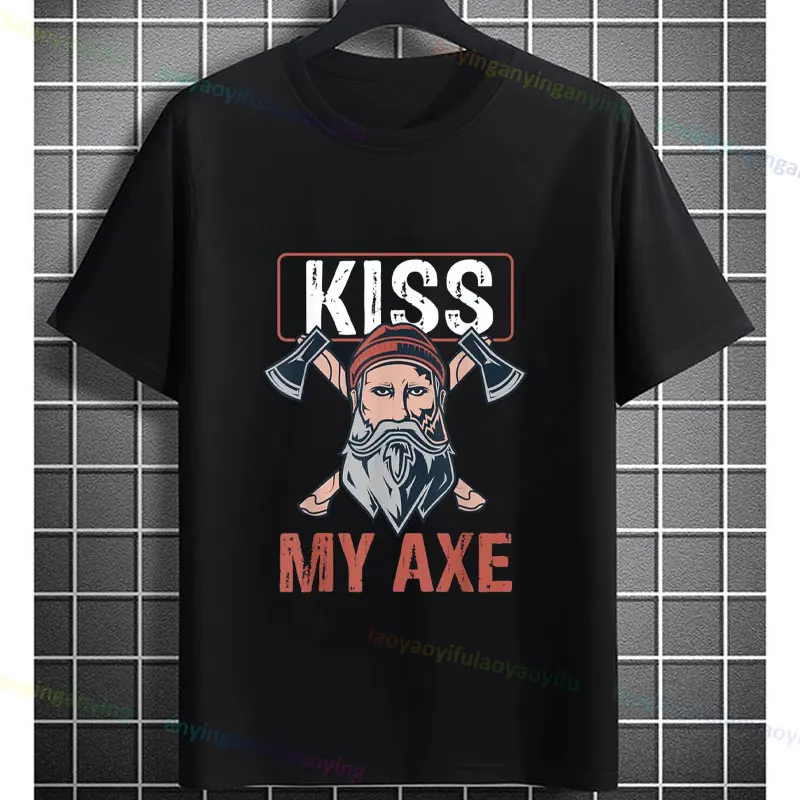 Men's Kiss My Axe Throwing Graphic T-Shirt Fashion O-neck Short-sleev Pure Cotton Tshirt Ideal for Casual Wear Men Clothing