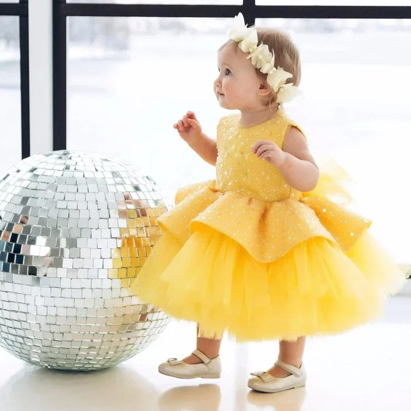 Vestido florista amarelo com laço, Tule Puffy, Lantejoula, Menina, Casamento, Festa de Aniversário, Primeira Comunhão, Feriado