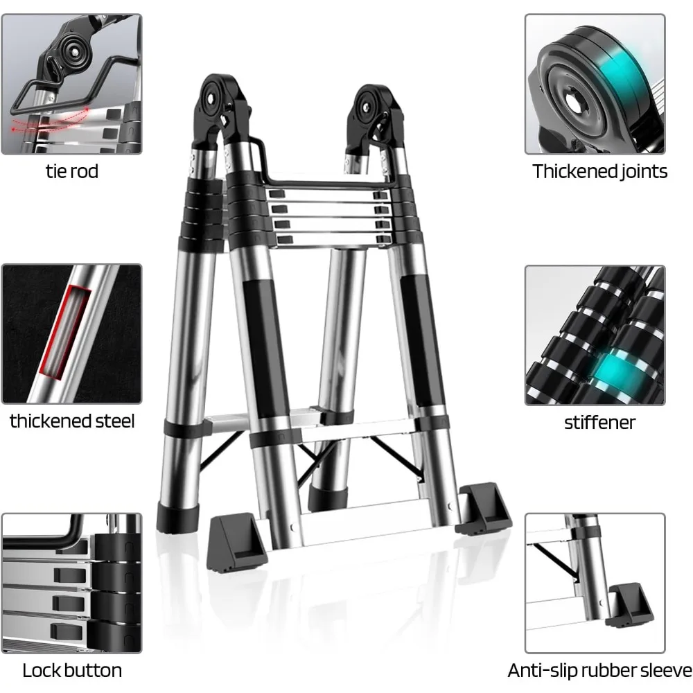 سلم تلسكوبي 16 قدم من الفولاذ المقاوم للصدأ، إطار A بطول 8 أقدام قابل للطي، سعة 330 رطل، قابل للطي مع أقفال أمان، مناسب للخارج #3