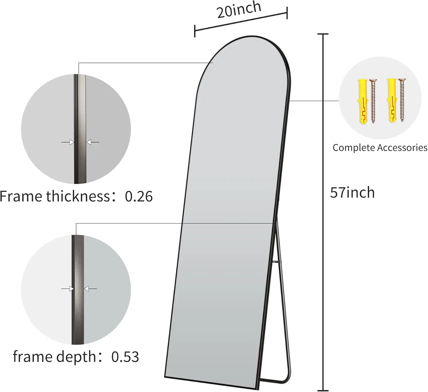 Lustro pełnowymiarowe łukowe 57 x 20 cali z ramą ze stopu aluminium, do montażu na ścianie lub stojące, do łazienki, salonu, sypialni