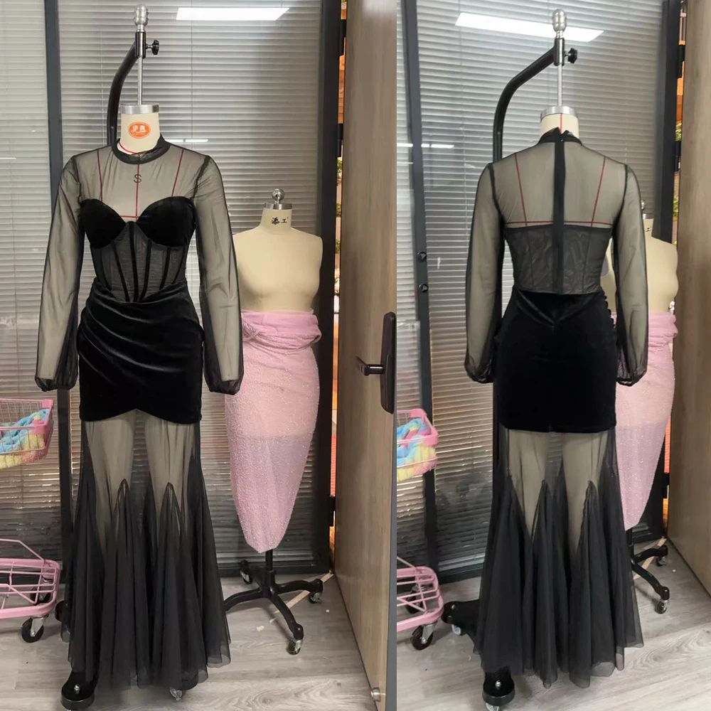 Sexy durchsichtige Abendkleider, flauschige lange Ärmel, Stehkragen, Meerjungfrau-Abschlussballkleid für afrikanische Frauen, Illusions-Geburtstagskleider für Mädchen