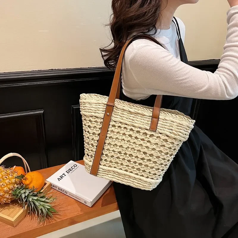 Bolso de playa de gran capacidad para vacaciones en la playa, cesta de paja tejida a mano, bolso de hombro versátil para mujer