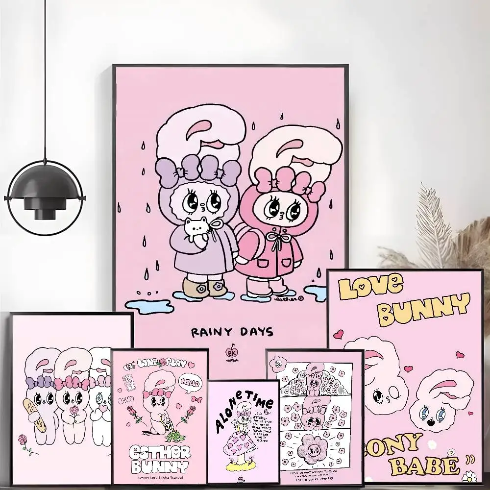 ملصق E-Esther B-Bunny وردي عالي الدقة جدار لاصق مقاوم للماء لغرفة المعيشة المنزلية وغرفة النوم والديكور الجمالي