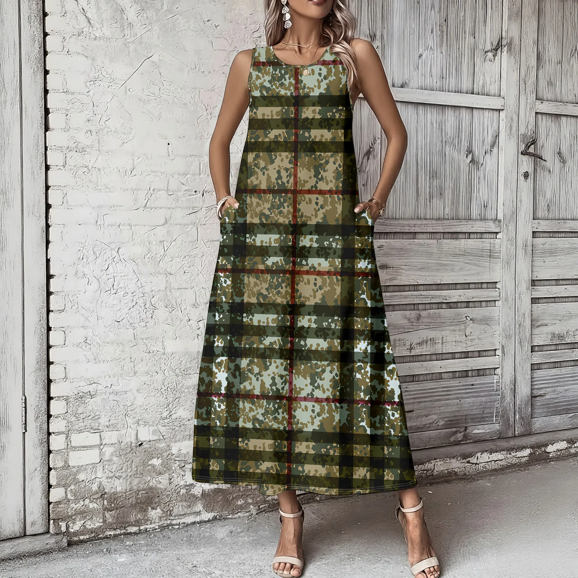 

Women's Summer Sleeveless Round Neck Long Dress, 3D Fashionable Printed Large Swing Dress.