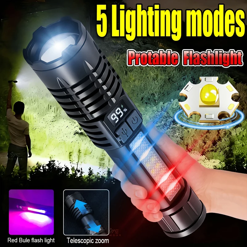 Super Bright COB LED Flashlight USB Rechargeable Zoomable With Side Light Waterproof Torch Camping Hiking Emergency Outdoor