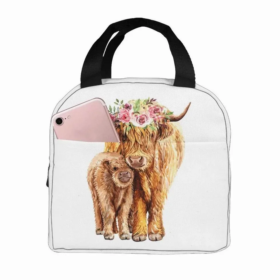 Unisex Highland Cow Isolated Lunch Box, Cooler Tote Bag, adequado para trabalho, viagens, piquenique, Multicolor, homens, mulheres