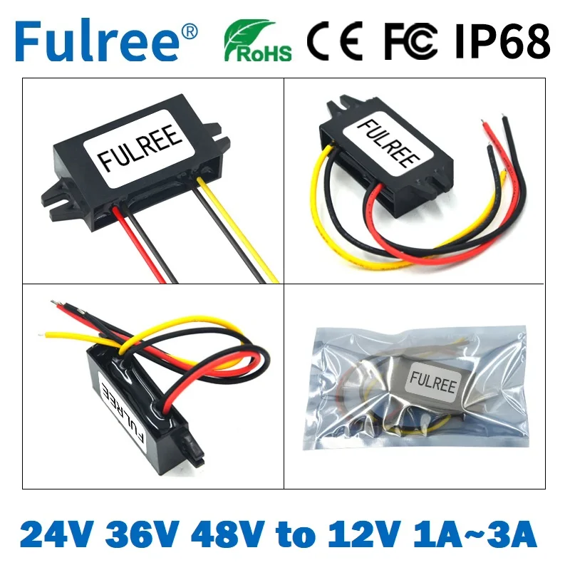 Fulree® 48V 36V 24V to 12V 1A 2A 3A DC DC Voltage Step Down Buck Converter 48 36 24 Volt to 12 Volt Car CCTV Power Supply