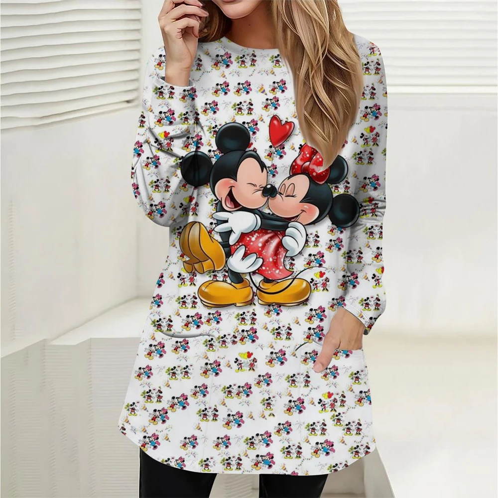 Oversized round neck loose casual pocket T-shirt for women, long sleeved Disney Mickey Mouse printed pullover for women, fashion