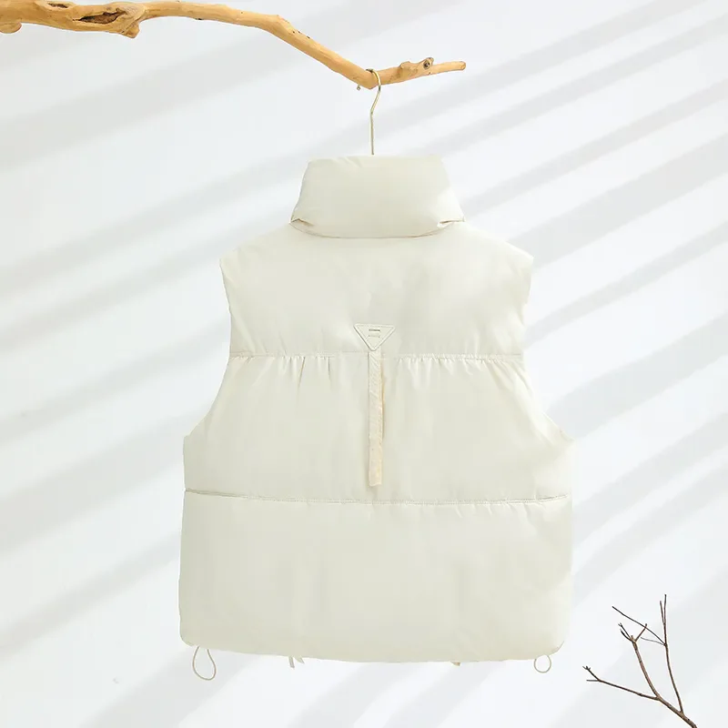 Women Beige Cotton Padded Vest For Women 2024 Stand Collar Outwears Jackets Sleeveless vest Coats