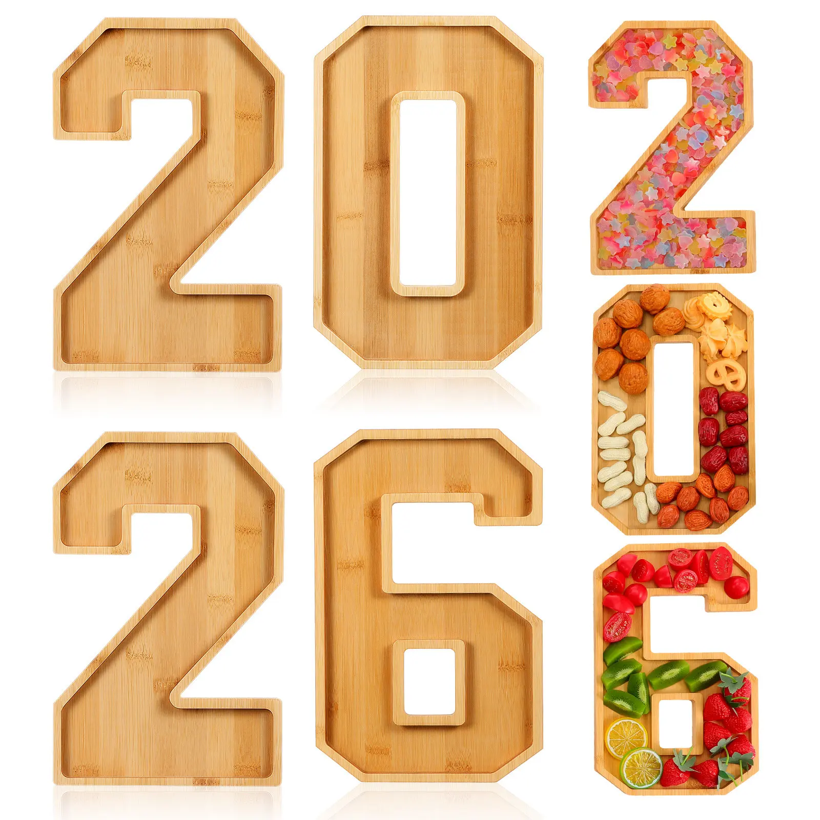 1Set 2026 Number Shape Charcuterie Tray Wooden Fillable Display Fruit Cheese Snack Board for Graduation Party Event