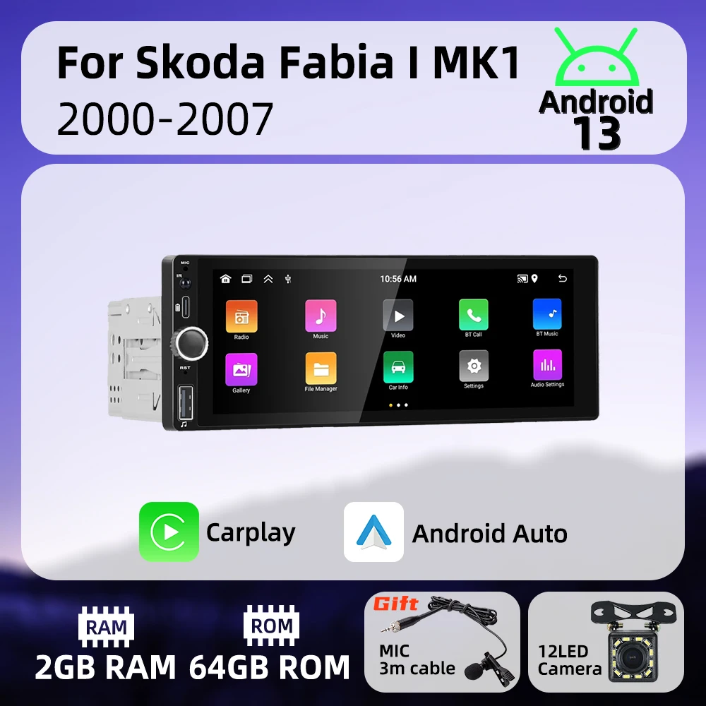 

Carplay Android Auto Android Car Multimedia 1Din Radio for Skoda Fabia 1 I MK1 2000-2007 6.86" Screen Stereo Head Unit Autoradio