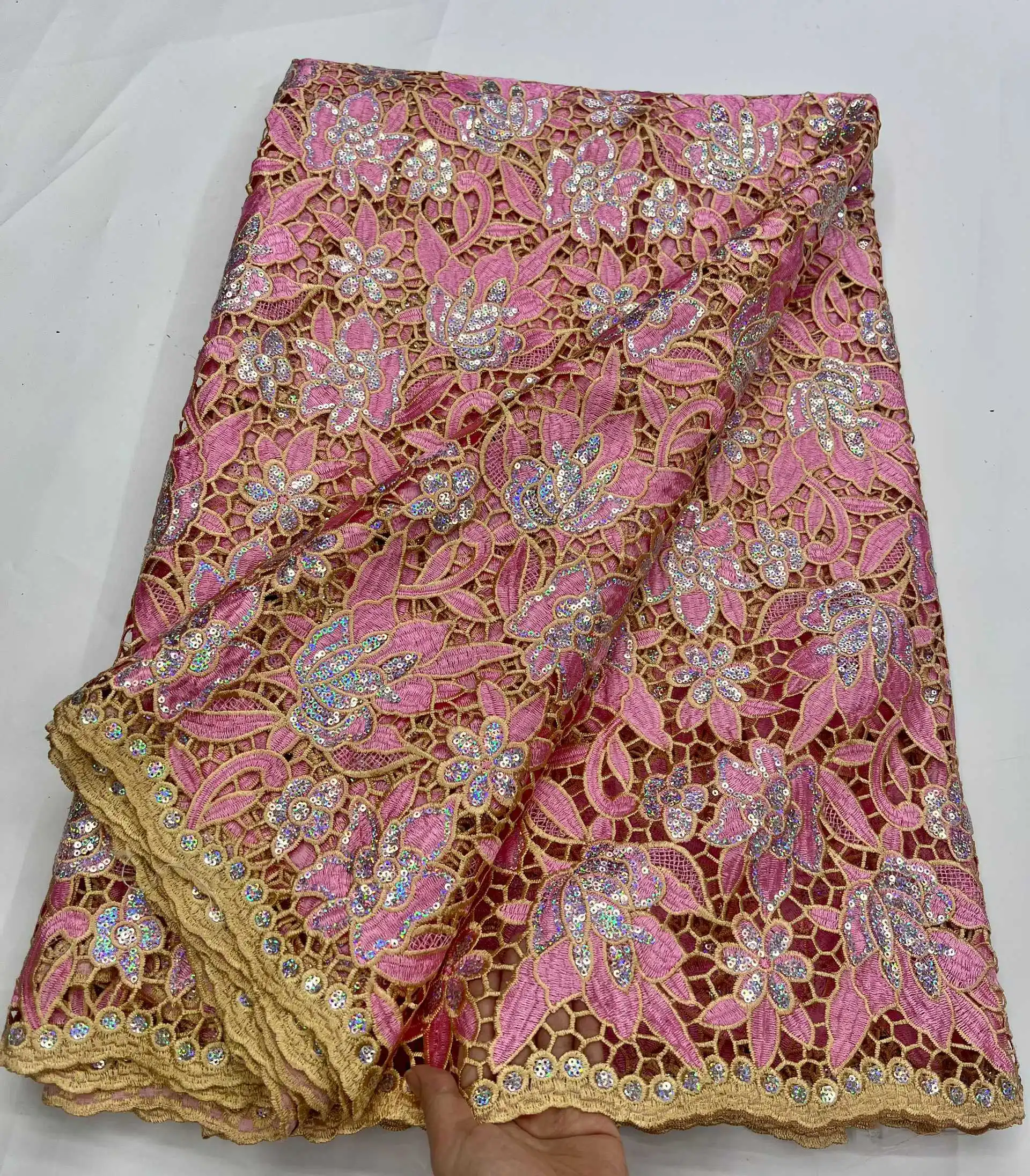 

African Guipure Cord Lace Fabric With Sequins High Quality Lace Nigerian French Guipure Cord Lace Fabric For Wedding Party