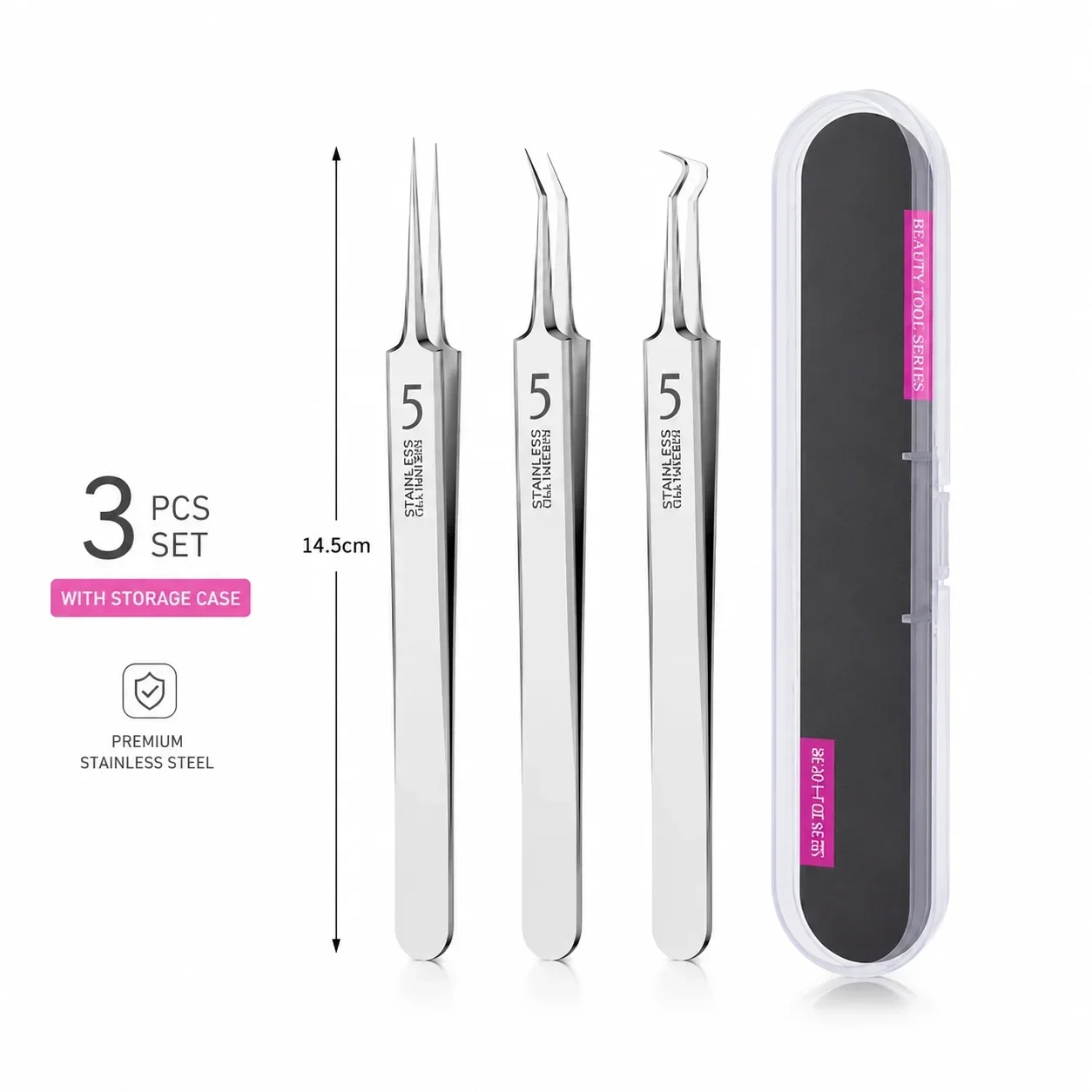 3pcs Blackhead Remover Tweezers Set, Stainless Steel Professional Cell Clips Pimple Extraction Tool Kit