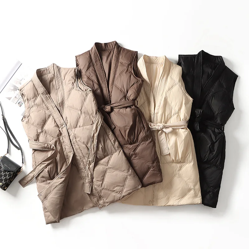 

Autumn Winter V Neck Mid Length Down Vest Female Lace Up Single Breasted Quilted Waistcoat Women White Duck Down Sleeveless Vest