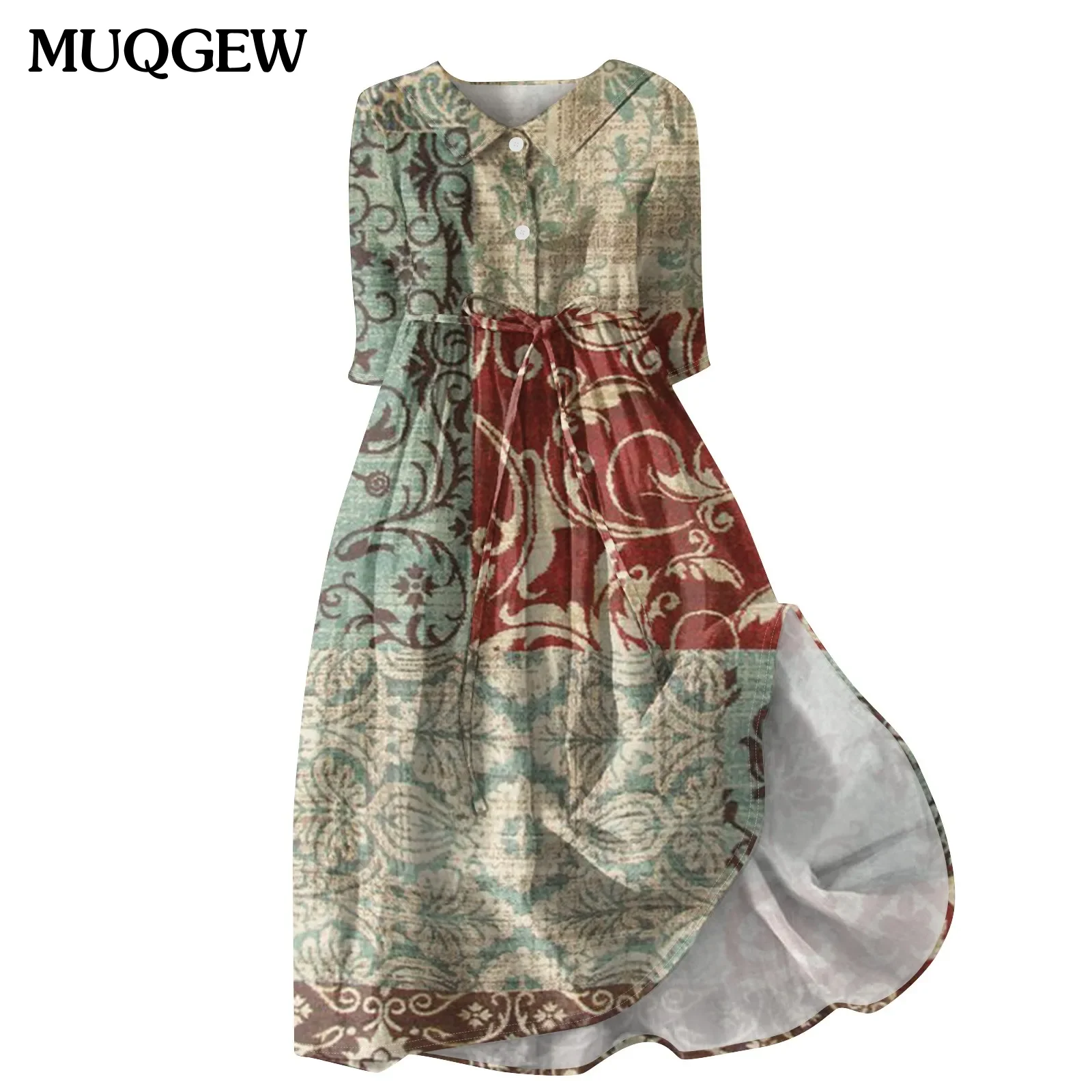 

2024 Women's Summer Dress New Women's Vintage Elegant Dress Leisure Button Lapel Vestidos Lace Up Waisted 3/4 Sleeved Dress