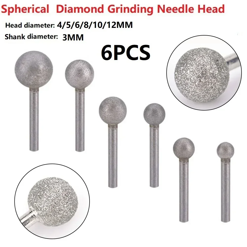 6Pc Diamantslijp Naaldkopsnijder Jade Snijgereedschap Graveren Roterende Sferische Burr Tool 3Mm Schacht Polijstgereedschap 4-12Mm