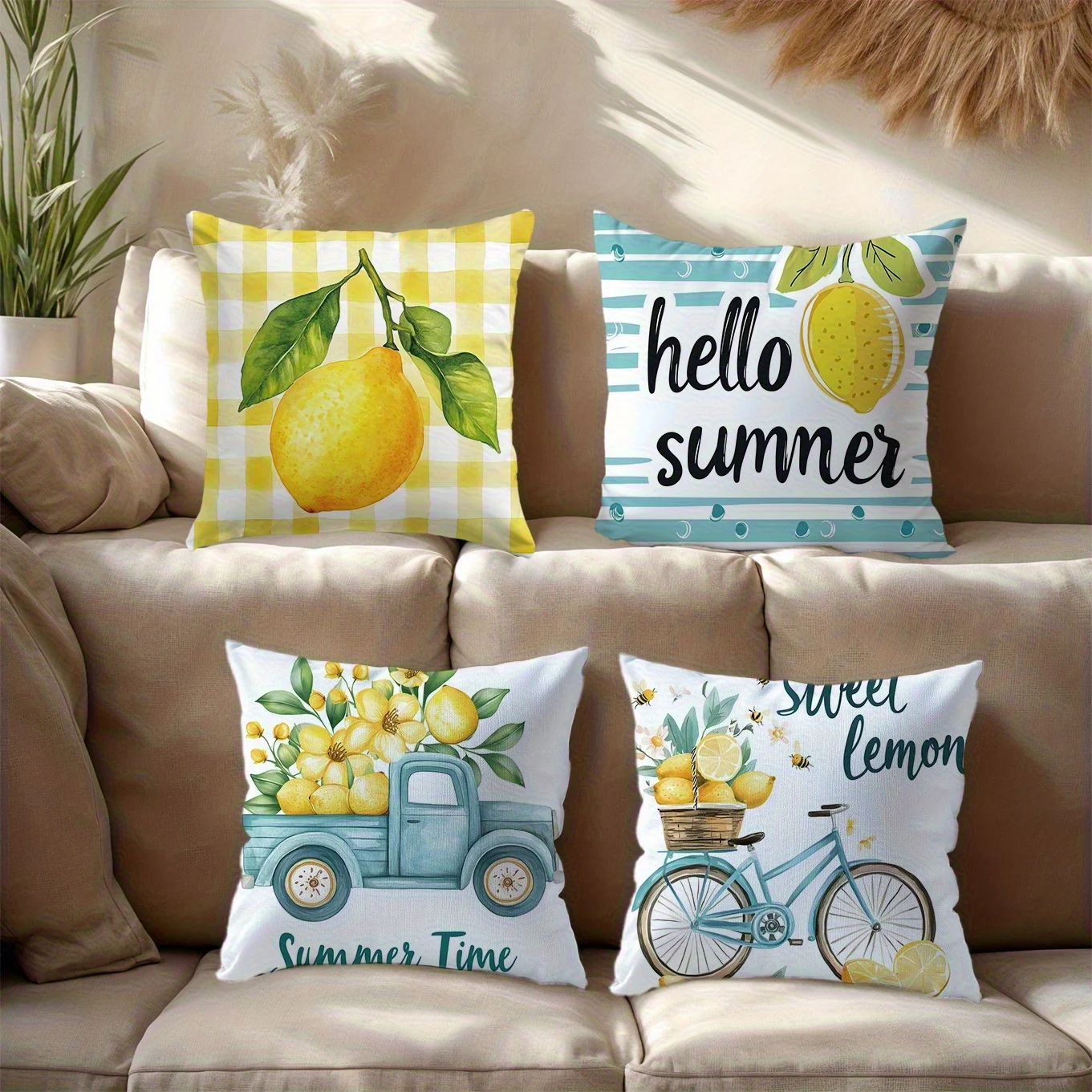 4 Piece Lemon Yellow Summer Decor Pillow Covers Citrus Print Cushion Set Farmhouse Kitchen Home Throw Pillows