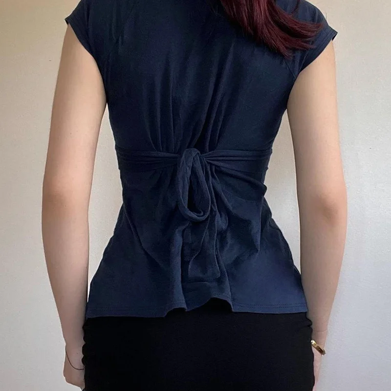 2026 Sommer Neues Damen Kurzarm-T-Shirt mit V-Ausschnitt, Slim Fit Crop Top mit Rückenbanddetail, Y2K Lässige Streetwear Vintage Mode-Oberteil – Detail 5