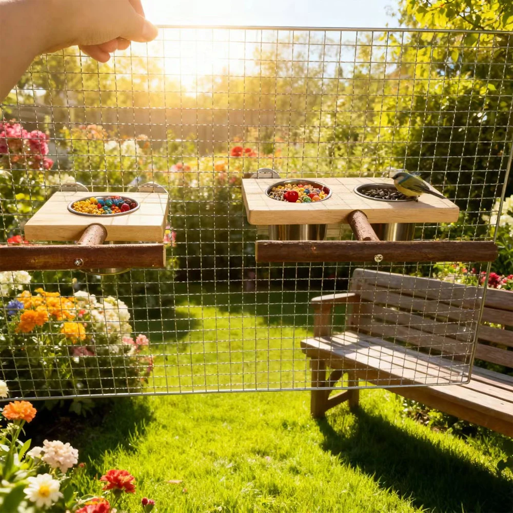 1Set Wood Bird Stand Platform with Single/Double Stainless Steel Feed Bowl Chew Toy for Pet Bird Parrot Cage Hanging Accessories view 6
