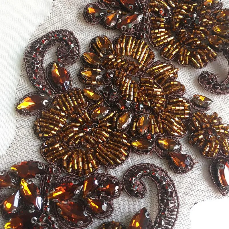 brown glass crystal beaded applique for women over coat decoration fashion garment and clothing sewing rhinestones DIY accessory